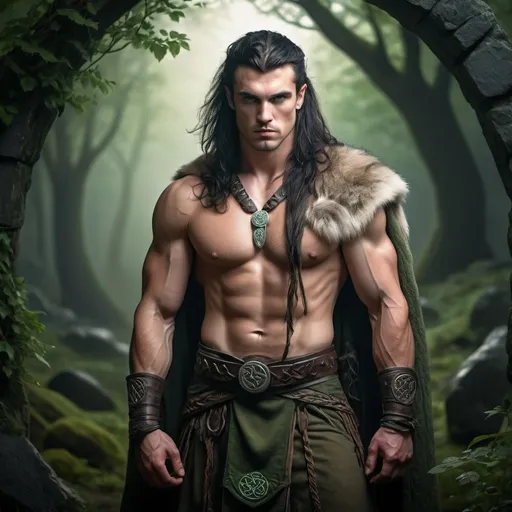 Prompt: a young handsome celtic male barbarian druid with long black hair and thick muscles, green eyes, celtic tattoos, leather armor, handsome, tall, healing a wounded man