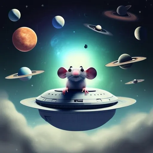 Prompt: mouse rodent in starry space with moon planets ufo ship