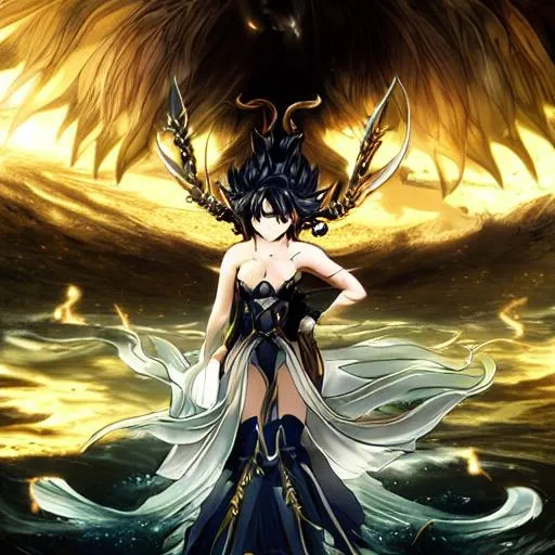 Prompt: Drawing of a {dark goddess} with {horns}, {gold and bronze tints} and {in the Ocean}, with a cute face, perfect proportions, perfect composition, hyperrealistic, super detailed, high quality, demon slayer art, sharp focus, painting, intricate details, highly detailed, style tsutomu nihei and manga