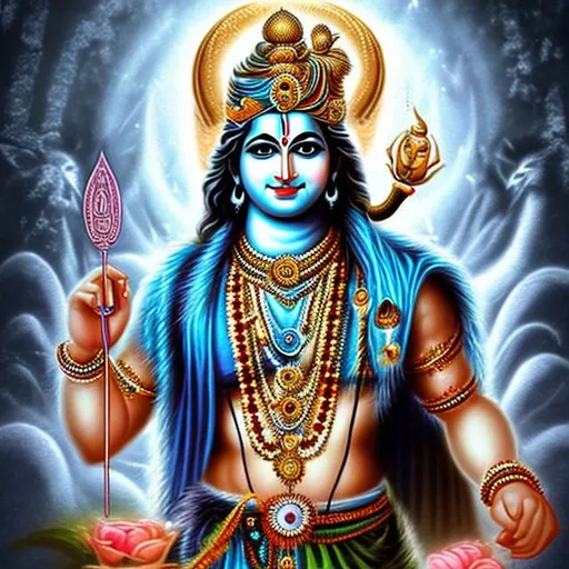 Prompt: Generate an image that contains Lord shree krishna and Lord shiva within  the same body half and half and one is in warrior mode and another is in calm

