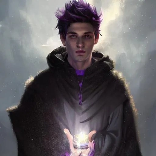 Prompt: Portrait of a 28 year old male aasimar sorcerer with purple hair and with cute face, perfect composition, hyperrealistic, full shot, super detailed, 8k, high quality, trending art, trending on artstation, sharp focus, studio photo, intricate details, highly detailed, by greg rutkowski