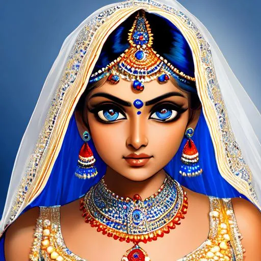 Prompt: Indian bride, large eyes, beautiful, closeup of tthe face, blue background
