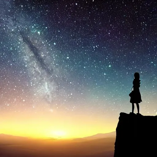 Prompt: silhouette of a girl standing on the edge of a cliff looking out at the stars