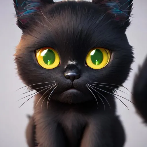 Head of a cute black cat with wide open yellow eyes. Glorious face