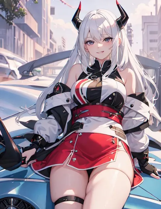 Prompt: White hair girl with black eyes smiling sitting on a car under the blue sky 4k with black demon horns