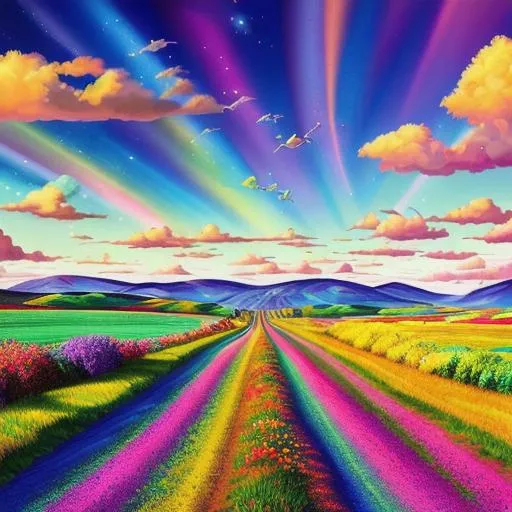 Prompt: Embark on a journey through a surreal and vibrant countryside scene as you envision a country road, awash with vibrant colors, and a trippy sky adorned with a UFO. Picture a whimsical landscape that blends reality and fantasy, where the ordinary transforms into the extraordinary. Let your artistic imagination soar as you capture the kaleidoscope of colors and the enigmatic presence of the UFO in the sky. Visualize a winding country road, surrounded by lush fields and vibrant foliage, bathed in an array of bold and vivid hues. Above, imagine a sky that defies conventions, swirling with psychedelic patterns and ethereal colors, with a UFO hovering amidst the mesmerizing display. Allow the AI to generate an artwork that captures the essence of this dreamlike scene, using a blend of surrealistic elements, vibrant color palettes, and intricate details. Experiment with brushstrokes, gradients, and textures to create a visually captivating and emotionally immersive piece. This artwork invites viewers to escape reality and immerse themselves in a world of whimsy, where the boundaries of the possible are expanded. Unleash your artistic expression to create a visually stunning and emotionally evocative masterpiece that transports viewers to a surreal countryside filled with vibrant colors and extraterrestrial wonder."