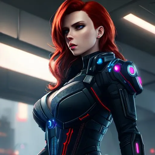 Prompt: Cyberpunk as Black Widow, beautiful photograph of most beautiful fictional, extremely, detailed environment, detailed background, intricate, detailed skin, natural colors , professionally color graded, photorealism, 8k, moody lighting.