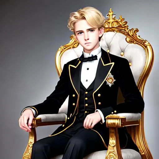 Prompt: full body, magical victorian era style, very beautiful 15-year-old blonde elegant shy timid anxious young prince sitting on a 19th century throne, royal vibes, schoolboy, private school uniform,  long striped tie, tight jacket, trousers, , realistic, studio lighting, qled, volumetric light, photo realism, steve simpson, dustin nguyen, feng zhu, greg rutkowski, Rendered by octane, hyperrealistic, masterpiece, Eye-contact, hyperdetailed attractive face and nose, perfect face, perfect body, perfect anatomy, hyperdetailed beatiful hair, hyperdetailed lips