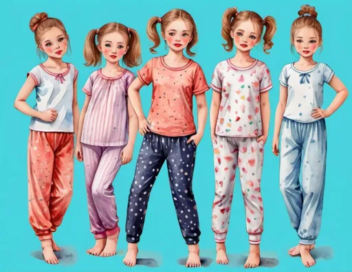 Prompt: young girl, children's clothing,  pajamas, a lot of details, high quality, fool body, standing straight, arms to the sides, paper doll, watercolor, several options, fashion design, 