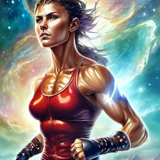 Prompt: beautiful muscled warrior woman, tall, battling across the universe, fist fighting, stars being born and dying, epic, perfectly formed body, beautiful face, short hair