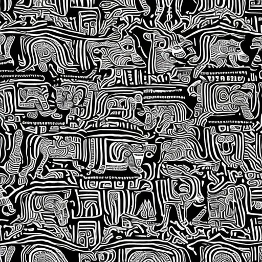 Prompt: A painting of a pattern containing details of animals from prehispanic peruvian paints using black and white colors