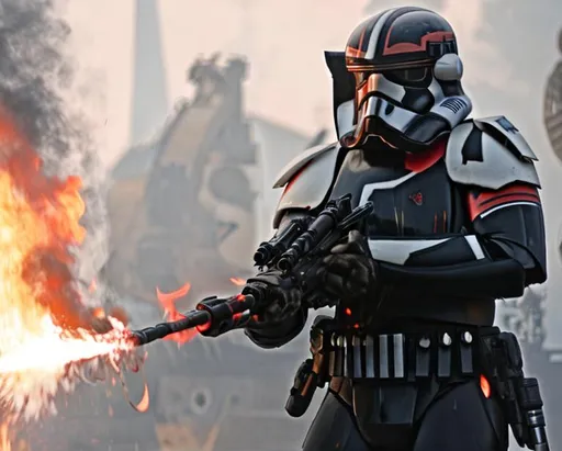 Prompt: star wars black and red clone trooper standing holding flamethrower