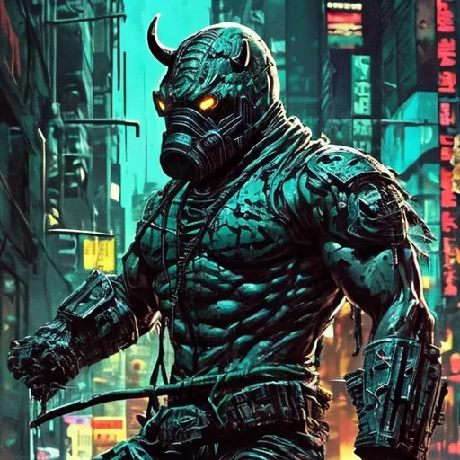 Prompt: Panther very dark turquoise camouflage pattern. Muscular full body. Imperfect, Gritty, Todd McFarlane style futuristic army-trained villain rhino spawn. full face mask. Bloody. Hurt. Damaged. Accurate. realistic. evil eyes. Slow exposure. Detailed. Dirty. Dark and gritty. Post-apocalyptic Neo Tokyo .Futuristic. Shadows. Sinister. Armed. Fanatic. Intense. 