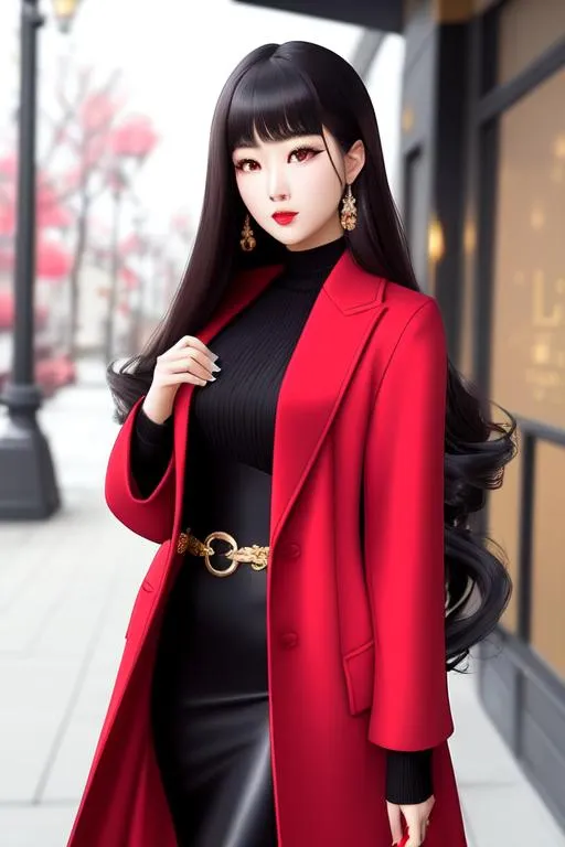Prompt: beautiful Korean girl, Age=22, wearing only a gold black coat, blue long hairs in, dreamy and ethereal, rough Mafia Boss with gang in  the background, fantasy, tough, holding a cute black girl, with bright red gloss lips, rosy cheeks, red lips, Red pink dress, voluminous auburn brown hair,  smooth soft skin, soft lighting, beautiful detailed eyes, rounded hips, perfect body, beautiful intricate coloured hair, symmetrical, full body, ideal composition, hyperrealistic, super careful, tulip warrior, wearing soft, in your hand, highly detailed, digital