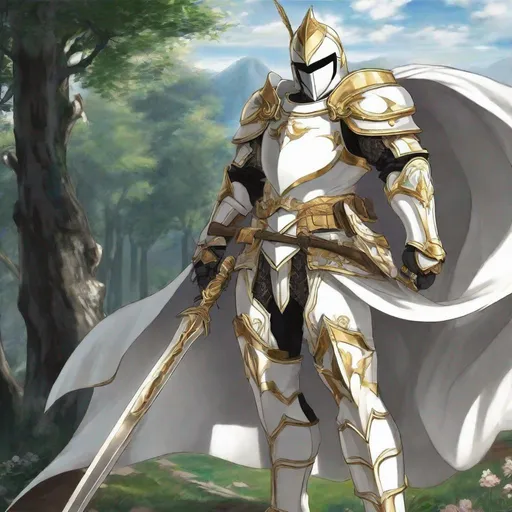 Prompt: Anime The white knight, yes 6 feet tall, 185 - 200 pounds gas white Armour with gold trimming he has a helmet the covers his face, he also have a sword holsterd on his back, the armor should not be to bulky