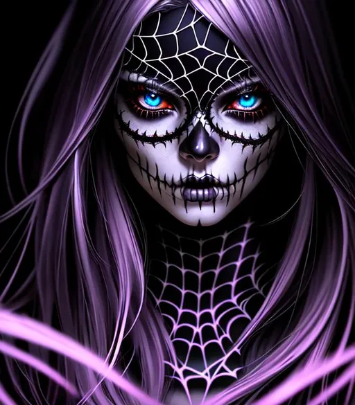 Prompt: Horror, twisted, scary, ominous, cinematic, 3D, HD, freeform dark chaos Beautiful!! {Sugarskull}Female, detailed gorgeous face, Beautiful big reflective eyes, long flowing hair, expansive spiderweb background, hyper realistic, 16K --s98500