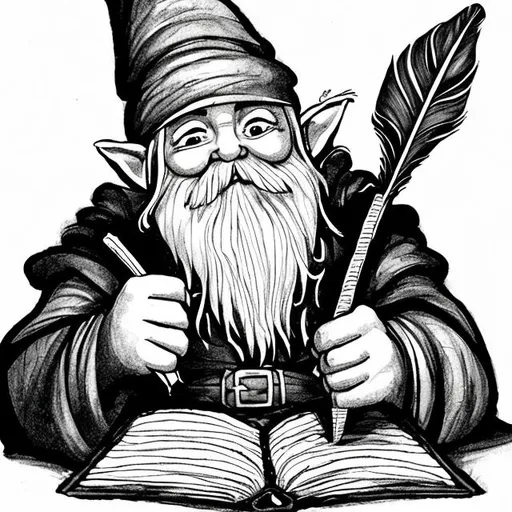 Prompt: drawing of a male gnome wizard holding a feather writing a book,ink style black and white