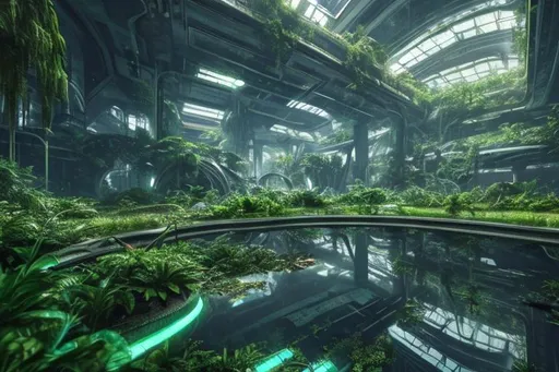 Prompt: Abandoned futuristic city overgrown with lush green plants and reflection pool high resolution