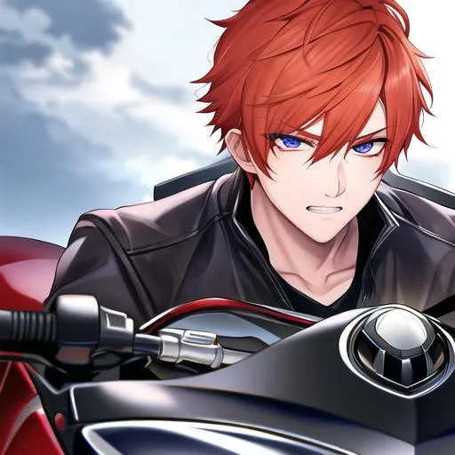 Prompt: Erikku male (short ginger hair, freckles, right eye blue left eye purple) UHD, 8K, Highly detailed, insane detail, best quality, high quality, Upset, muscular, riding a motorcycle