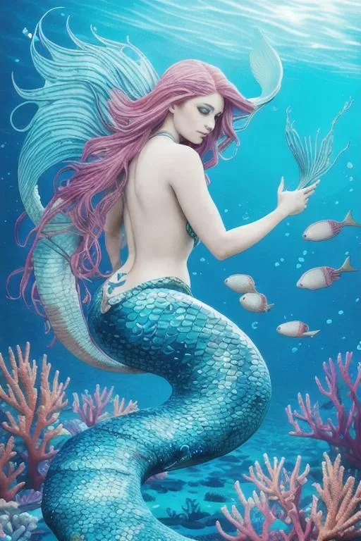 Prompt: A beautiful mermaid with long, flowing hair and a tail of blue scales, swimming in a coral reef.