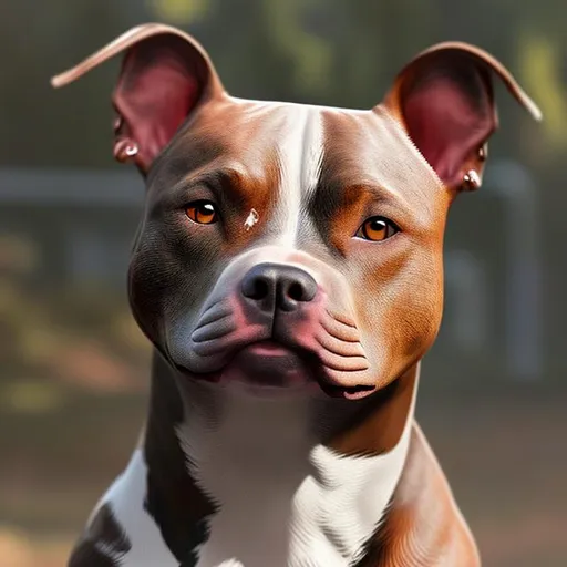 Prompt: Imagine: A smiling American Staffordshire terrier with brown brindle hairs Scene: Im Auwald Style. Super realistic