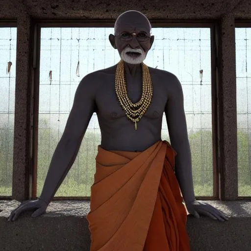 Prompt: create a photorealistic high-definition 8k ultra 3d rendered image of Mahatma Ghandi (focus high-definition details on the face) wearing a simple brown loin cloth with a beaded necklace sitting on a stool in a old abandoned concrete prison cell with metal bars and light beaming through a window