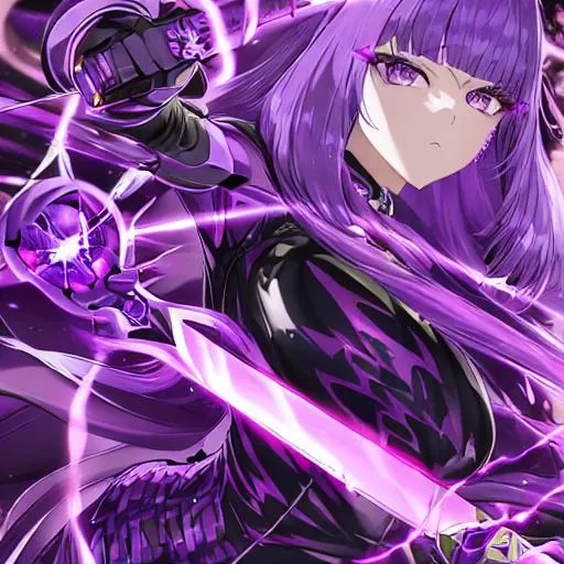 Prompt: Beautiful female alien hybrid, detailed eyes, has a sword emanating lightning, a young anime woman with long purple luxurious hair with a fringe haircut, purple eyes, disoriented due to memory loss, wearing a neon purple t-shirt inside of a black coat with chains, not too revealing, wears black leather gloves, an amethyst hairclip in her hair, fantasy, clear sparkling lavender glowing eyes, purple eyes, intricately detailed face, intricate, highly-detailed, ultrarealistic face, large landscape, mechanics, dramatic lighting, gorgeous face, lifelike, stunning, digital painting, large, artstation, illustration, concept art, smooth, sharp focus, highly detailed painting, looking and smiling at viewer, full body, photography, detailed skin, realistic, photo-realistic, 8k, highly detailed, full length frame, High detail