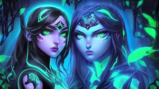 Prompt: drow digital neon and black colour utopic magical neon forest draw a blue eyed black jaguar with a amazon girl.amazon girl is brown haired long faced green eyed and has a cool sytle.phote should looked so real and 3d dimensioned beauty.