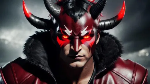 Prompt: Photorealistic Devil man, Red Skin and eyes, Black markings on his face, Black horns with red tips, Red and Black reinforced Leather Jacket, Intricately Detailed, Hyper Detailed, Hyper Realistic, Volumetric Lighting, Beautiful coloring and face detail