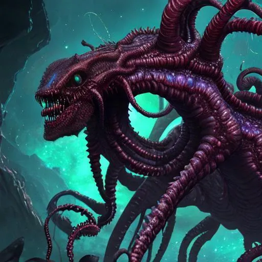 Prompt: eldritch horror creature, 8k, high detail, cosmic horror, space punk, cinematography, realism, more eyes