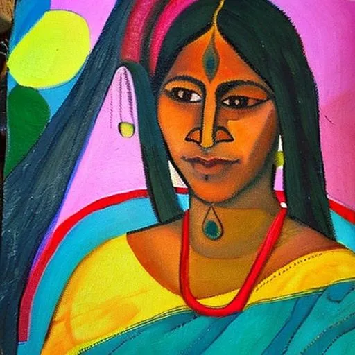 Prompt: A painted portrait of an Indian woman based on the work of Paul Gauguin 