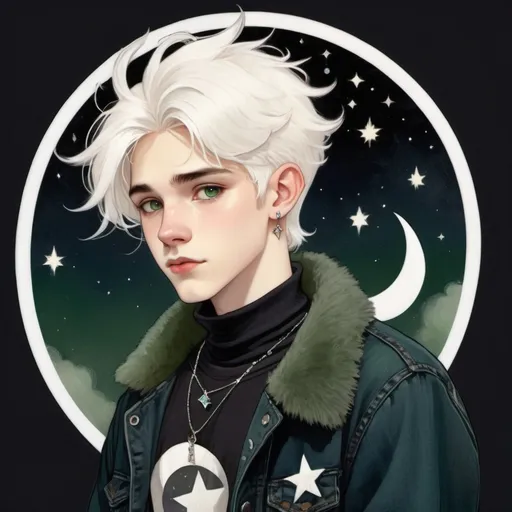 Prompt: A 19 year old boy with elf ears, pale skin, fluffy short white hair, dark blue eyes, star and moon earrings, spandex black turtleneck, dark green denim jacket, necklace with white crystal attached, wearing black baggy jeans.