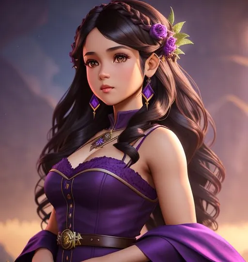 Prompt: Artgerm, 3d render, adorable child with long curly dark brown hair and purple eyes | dark brown skin | latin skin girl | wearing lilac dress | dragon age, the witcher, d & d, atmospheric,,elder scrolls,, Intricate, Elegant, airbrush art, Scenic, Hyper-Realistic, CryEngine, Octane Render, 8k, symmetrical face, accurate anatomy