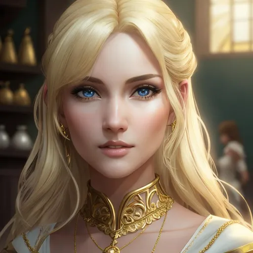 Prompt: ((Hyper-realistic shot)), ((extremely detailed:1.5)), ((8K resolution)), ((tavern keeper)) Perfect face, perfect hand, perfect five fingers and body. ((blonde woman in white and gold dress: 1.3)) adorned with necklace, look to me, ((gold details in dress)) with gold, young woman, and in a dnd port, ((hyperdetailed eyes)), perfect body, perfect anatomy, beautifully detailed face, seductive smile, ((scantily clad)), beautiful woman, Medieval

