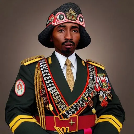 Prompt: Portrait of 2pac as a german military fascist leader with red black green military badges and medals and african mask, well decorated, 5 star general