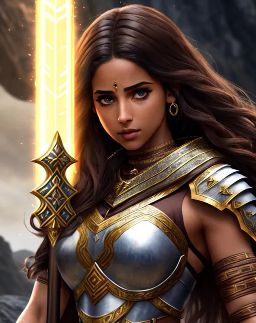 Prompt:  naomi scott as a warrior, light plate tribal armour battle dress, weilding a greatsword, determined, fierce, hero,
,dirty, cloak, dramatic, cinematic lighting, caustic, cave background, sleeveless, parted bangs, brown hair, brown eyes, ethereal, jewelry set balayage wild hair, royal vibe, highly detailed, digital painting, Trending on artstation , HD quality, tan skin, Big Eyes,artgerm, by Ilya Kuvshinov