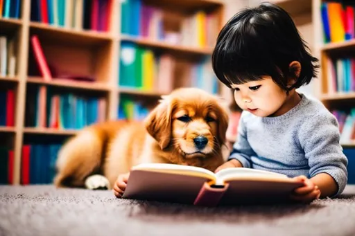 Prompt: Child reading, book, dog, library, puppy, canine, therapy dog, Child with dog, 
 