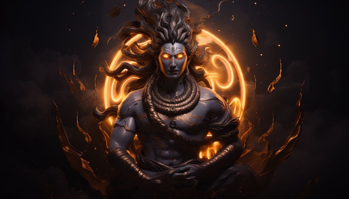 Prompt: an image of shiva in the form of a swirl in the night sky, in the style of vray tracing, bronze and black, storybook illustrations, twisted characters, fluid, dynamic balance, detailed character design
