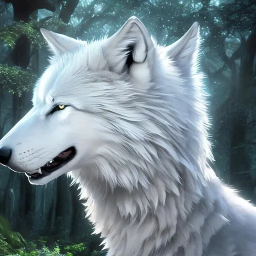 Prompt: Fantasy companion creature majestic white wolf with beautiful blue eyes, beautiful
woodlands, butterflies