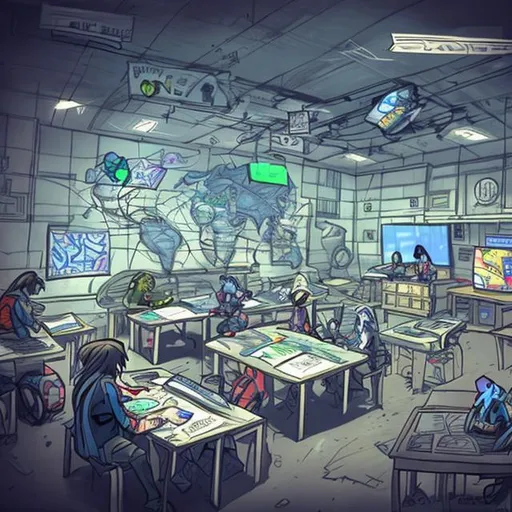 Prompt: mun room, superhero kids debating and working on laptops. cool doodles and world map in the background, anime concept art