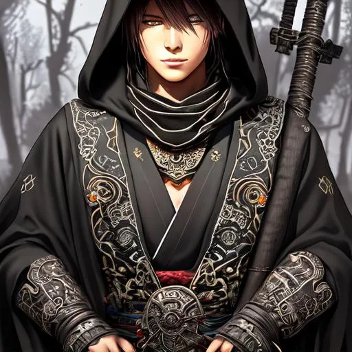 Prompt: World of Warcraft art style, A highly realistic and extremely detailed face full body portrait. Holding a weapon in both hands. Wearing a black cloak over a his vagabond samurai kimono that he wears under and also Wearing an intricate patterned bandana on his head and Wearing a Cotton Shemagh Tactical Desert Scarf Wrapped on his neck. The character should be modeled after an fantastical Ronin young prince with handsome long, messy, and wavy silvery black hair, thin arched eyebrows, and striking bright orange eyes. A handsome 18 year old youngster male character from Warcraft. The artwork should be created in either 4K or 16K resolution and should be of photo realistic quality."
((Width: 512)), ((Height: 627)))