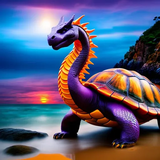 Prompt: Dragon, turtle, shell, large, fantsy, rocky shore, purples reds blues pinks oranges, sun set, magic, dark, spooky, adventure
