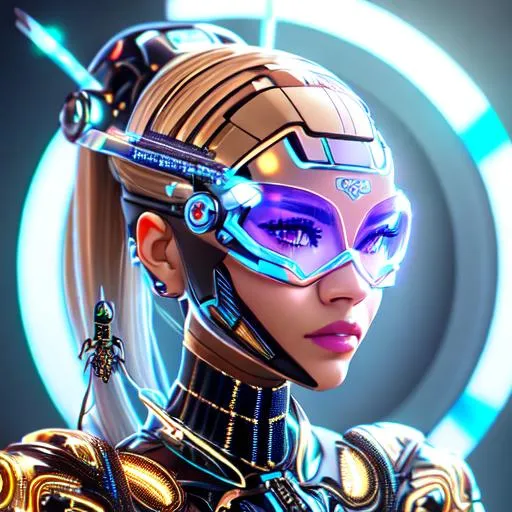 Prompt: Zendaya with biomechatronic insectoid parts of her face cybernetic,  great eyelashes, thin eyebrows,   she has antennas on her head, crystal, futuristic glasses, titanium,  detailed face,  Unreal Engine 5 128K UHD Octane, fractal, pi, fBm, with a transparent  mask, rosy cheeks, light brown eyes, thick and sensual lips, slightly cleft chin, prominent cheekbones, straight hair, with a leather-like collar, the collar has electronic attachments, leds glowing, weapons on shoulders
