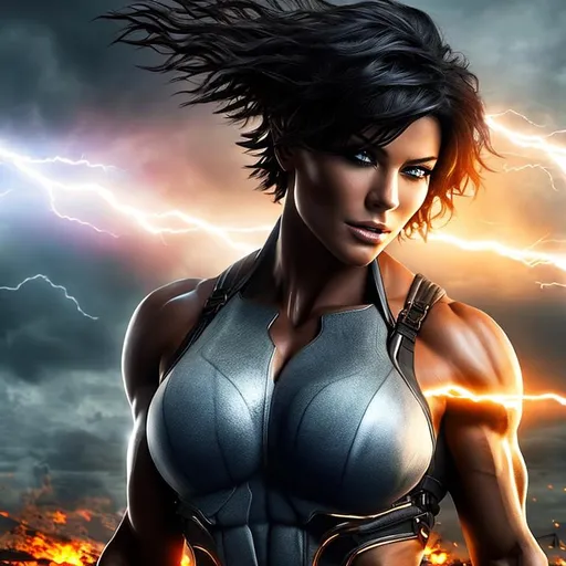 Prompt: very short hair, photorealistic, beautiful woman with muscles, full body, androgynous beautiful face, extreme energy bursting forth, ideal proportions, epic, monster-like features, apocalyptic war, dimensional storm