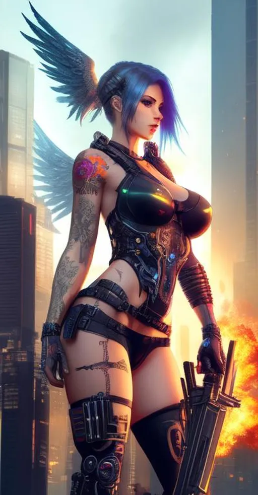 Prompt: Beautiful cyberpunk female with tattoos, apocalyptic, swords, guns, fire, anatomical, dark, gothic, mech, angel wings, battle backgrounds 