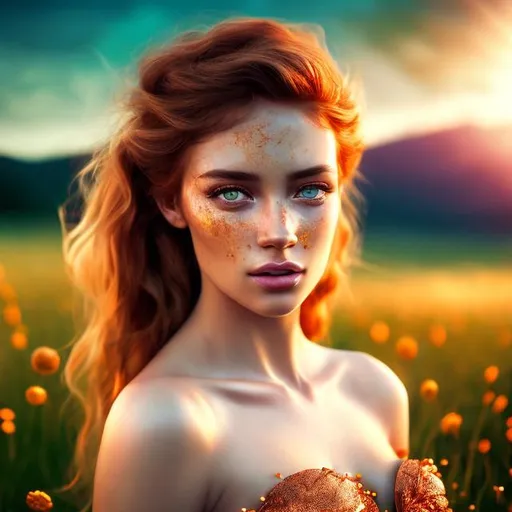Prompt: HD 4k 3D 8k professional modeling photo hyper realistic beautiful woman ethereal greek goddess of the day
copper hair light brown eyes gorgeous face tan freckled skin pink and yellow shimmering dress full body jewelry flower crown surrounded by magical glowing daylight hd landscape background of enchanting mystical meadow 