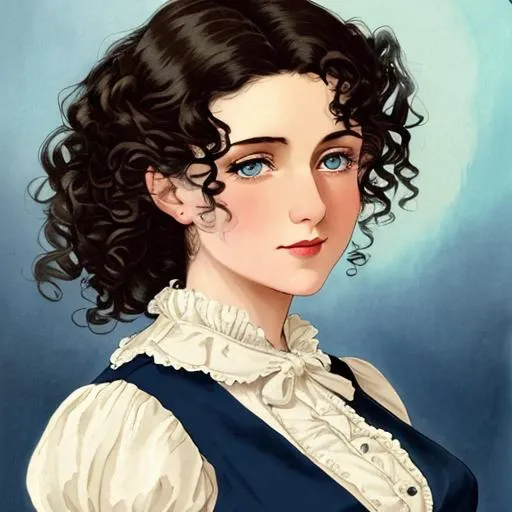 Prompt: very pretty 30 year old woman with curly dark hair, carefully styled, stylish early 20th century clothes, blue eyes, As a 1st class Titanic passenger, facial closeup