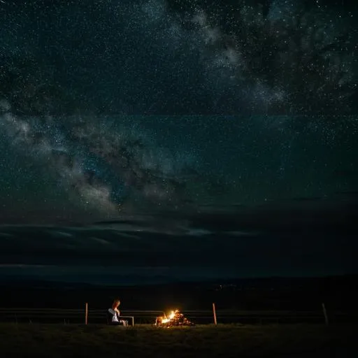 Prompt: long wide view photo highway, quiet, night, starry sky, full moon, serene atmosphere with the silhouette of the hills seen in the distance people who were sitting by the fire ultra hd