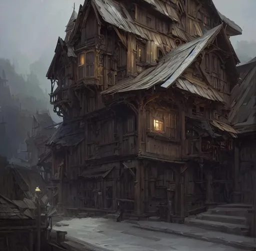 Prompt: wonky wooden building, intricate, elegant, highly detailed, digital painting, artstation, concept art, smooth, sharp focus, illustration, art by artgerm and greg rutkowski and alphonse mucha