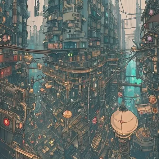 Prompt: I want a concept city style mixed between Studio ghibli and dragon prince, leaning into the steam punk side and the scale of hong kong